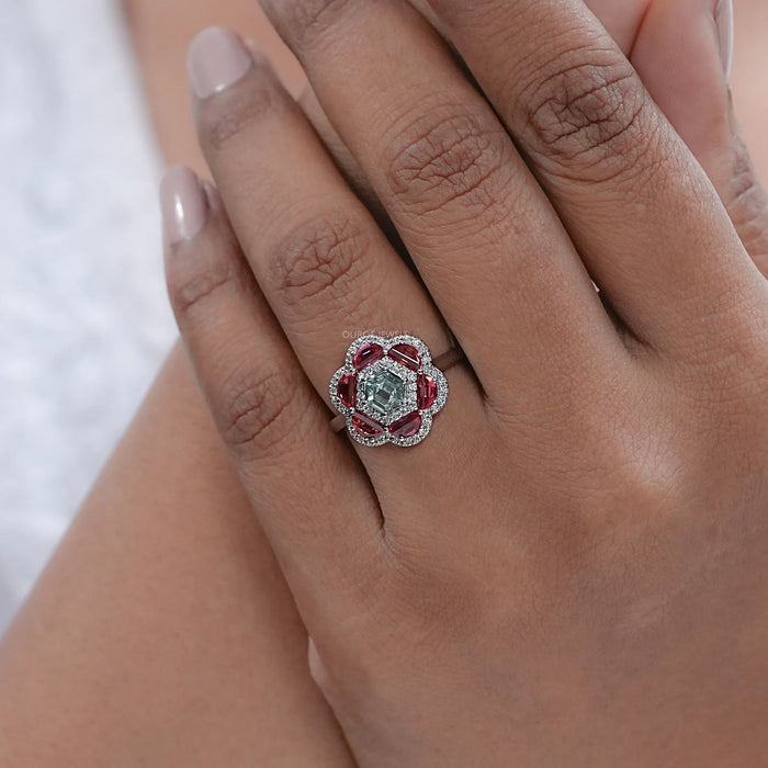 Alexandrite Hexagon Gemstone Double Halo Engagement Ring