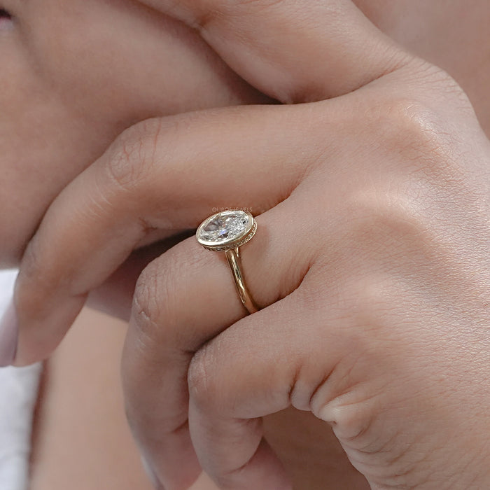 Oval Lab Diamond Hidden Halo Bezel Engagement Ring