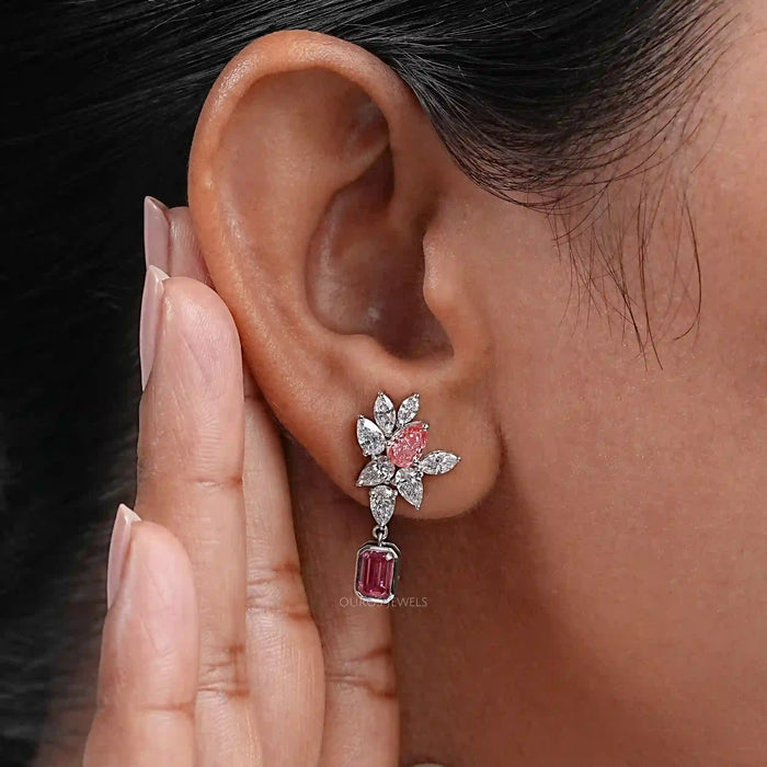 Cluster Drop Earrings With Pink & White Diamonds