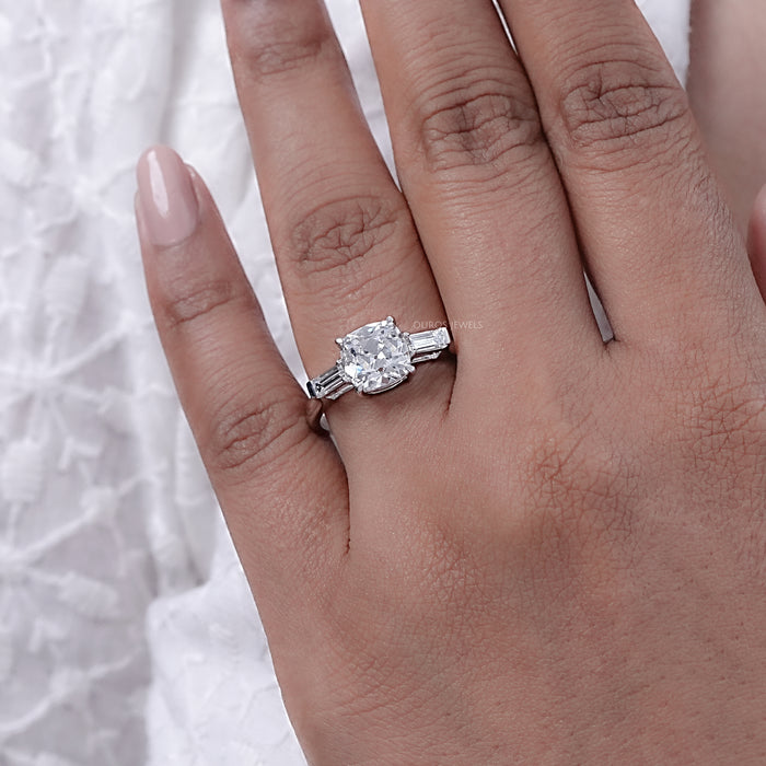 Square Old Mine Cushion Cut Lab Diamond Three Stone Ring