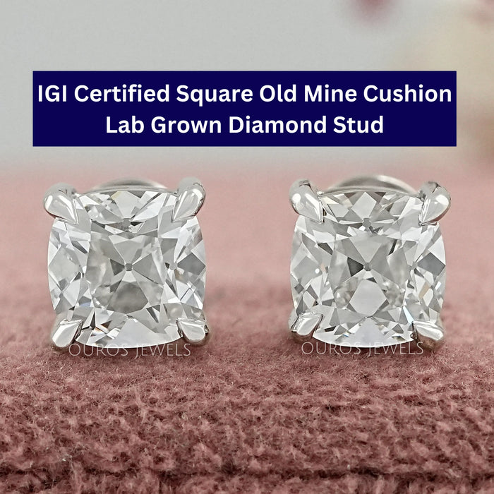 Square Old Mine Cushion Cut Lab Diamond Stud