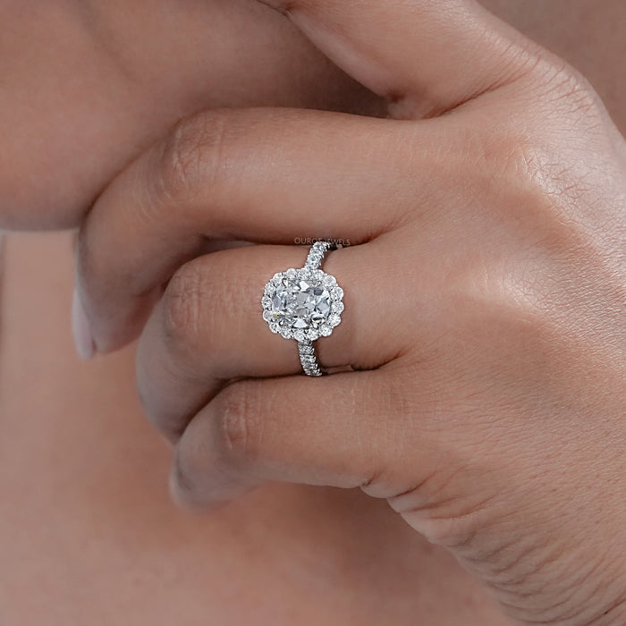 Old Mine Cushion Cut Halo With Accent Engagement Ring