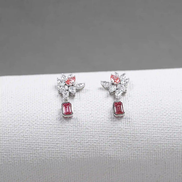 Cluster Drop Earrings With Pink & White Diamonds