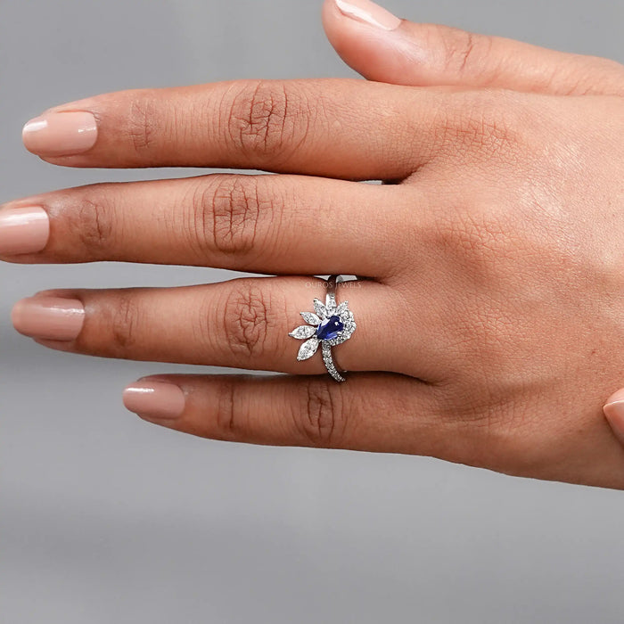 Pear Cut Blue Sapphire Cluster Bypass Engagement Ring