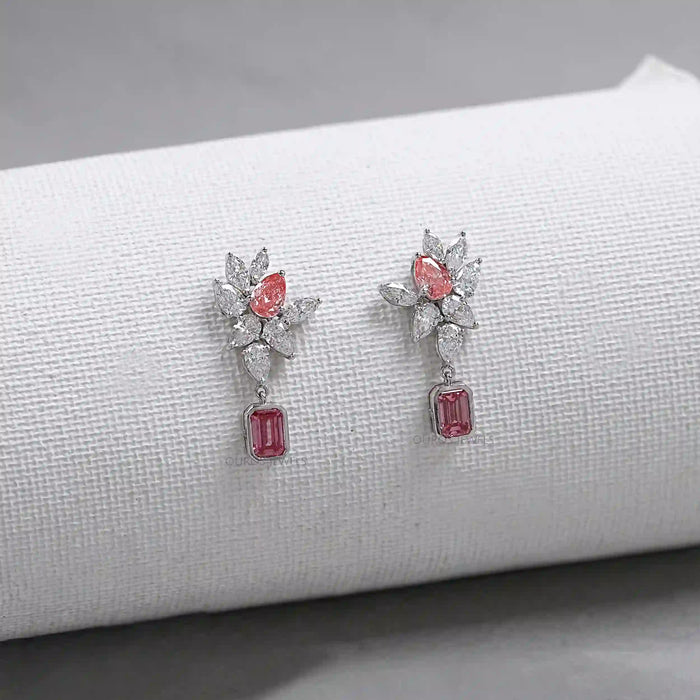 Cluster Drop Earrings With Pink & White Diamonds