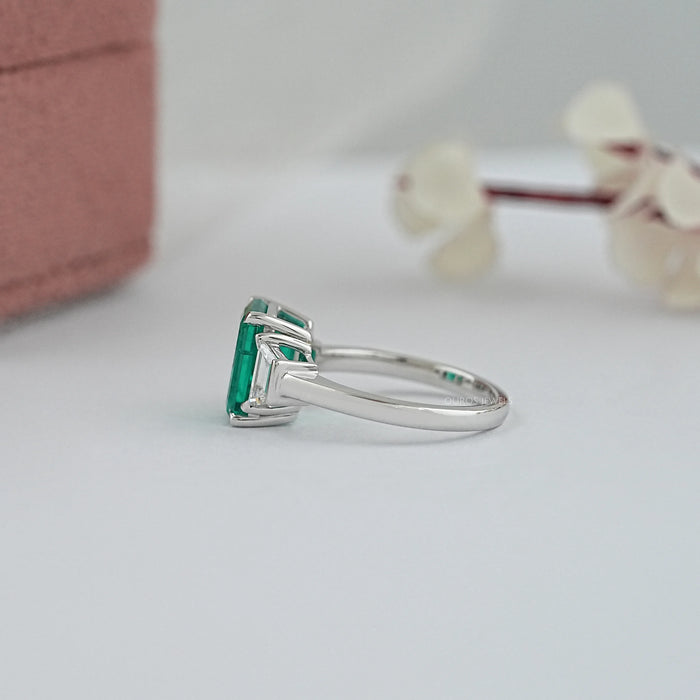 Green Emerald Cut With Trapezoid Diamond Ring