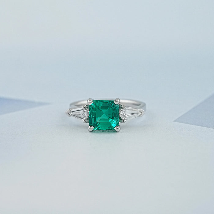 Asscher Cut Green Gemstone Three Stone Engagement Ring