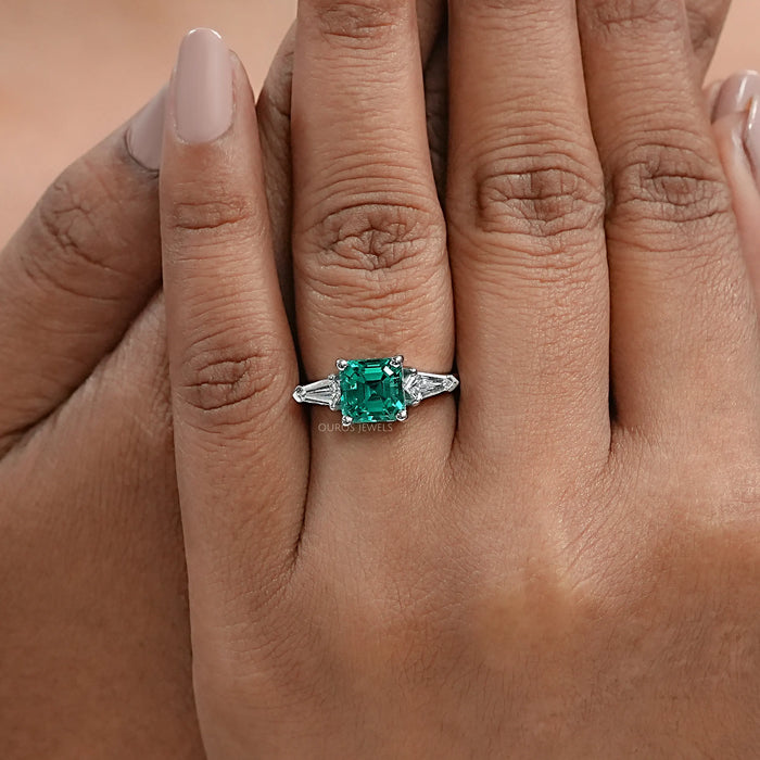 Asscher Cut Green Gemstone Three Stone Engagement Ring