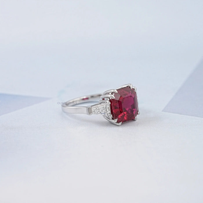 Asscher Cut Ruby Gemstone Tri Stone Ring