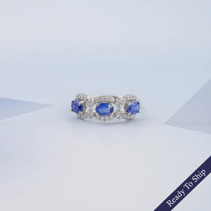 Three Stone Sapphire Oval Gemstone Halo Ring