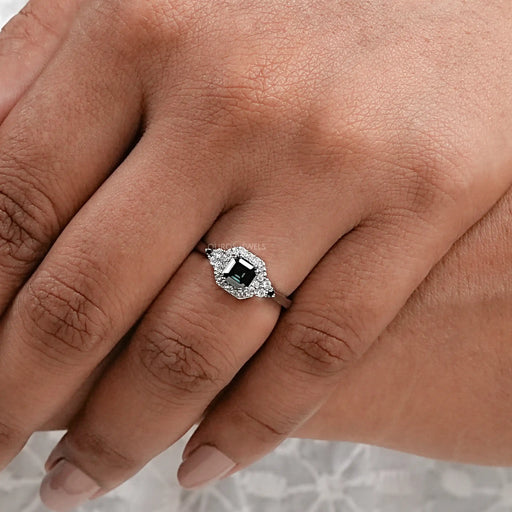 Asscher Cut Black Diamond Halo Ring