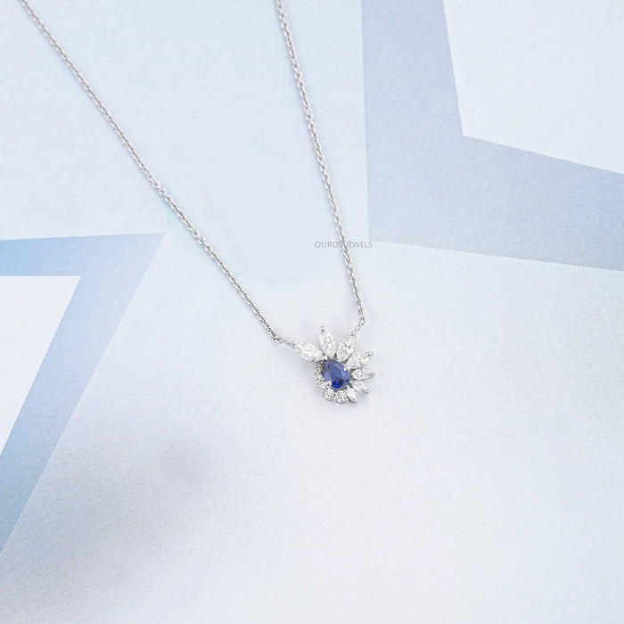 Blue Sapphire And Diamond Floral Cluster Pendant Necklace