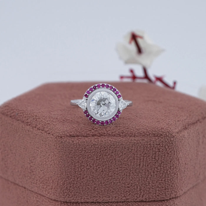 Bezel OEC Round Cut And Pink Sapphire Halo Engagement Ring