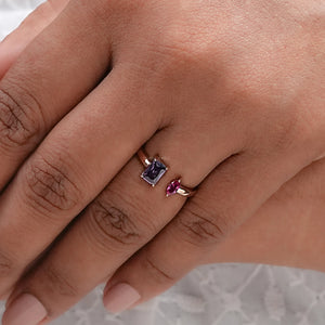 purple emerald cut gemstone toi et moi ring