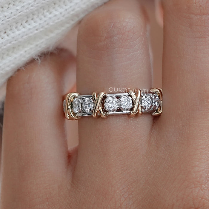 Two Tone Round Diamond Crossover Eternity Wedding Band