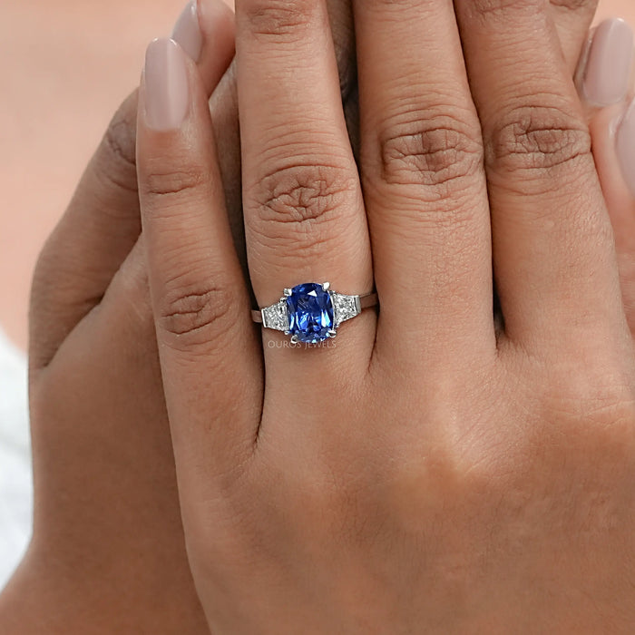 Cushion Sapphire Gemstone With Trapezoid Diamond  Ring