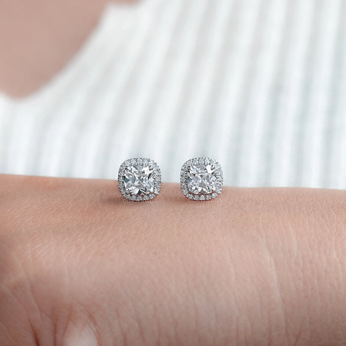 Square Old Mine Cushion Diamond Halo Stud Earrings