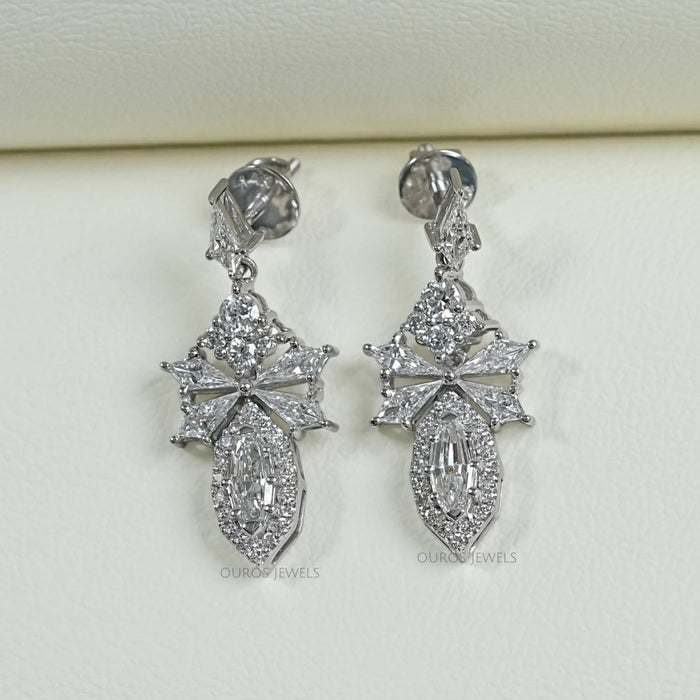 Step Cut Oval Diamond Cluster Dangle Drop Earrings