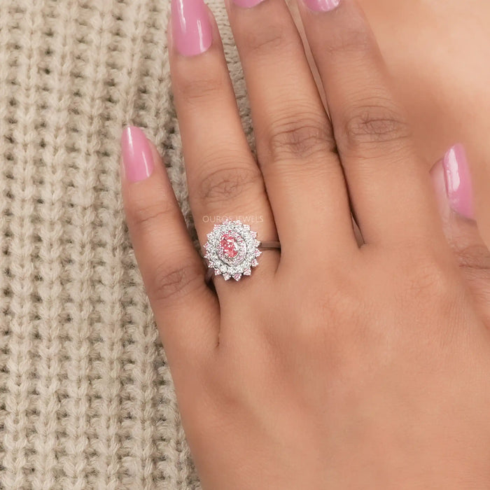 Fancy Pink Oval Cut Double Halo Diamant-Verlobungsring