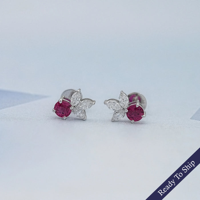 Ruby Round  And Marquise Lab Diamond Stud Earrings