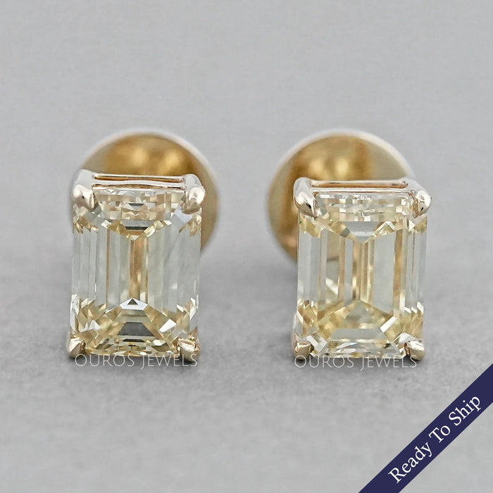Yellow Emerald Cut Lab Diamond Stud Earrings