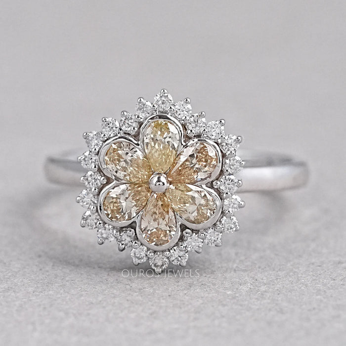 Yellow Pear Cut Floral Halo Diamond Ring