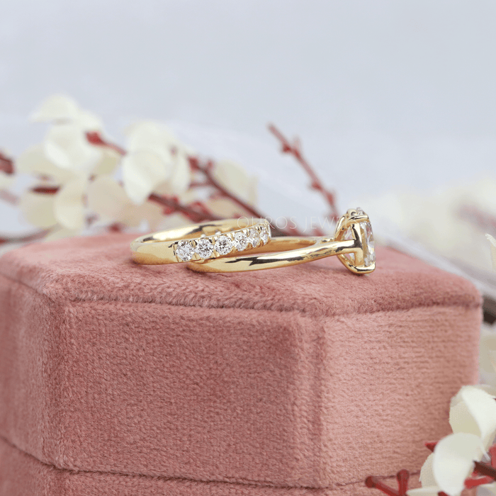 [Yellow Gold Oval Diamond Soitaire Ring With Half Eternity Matching Band]-[Ouros Jewels]