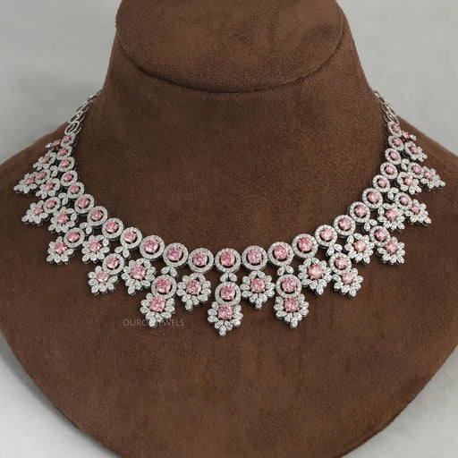 round diamond bridal necklace set in pink colored diamond 