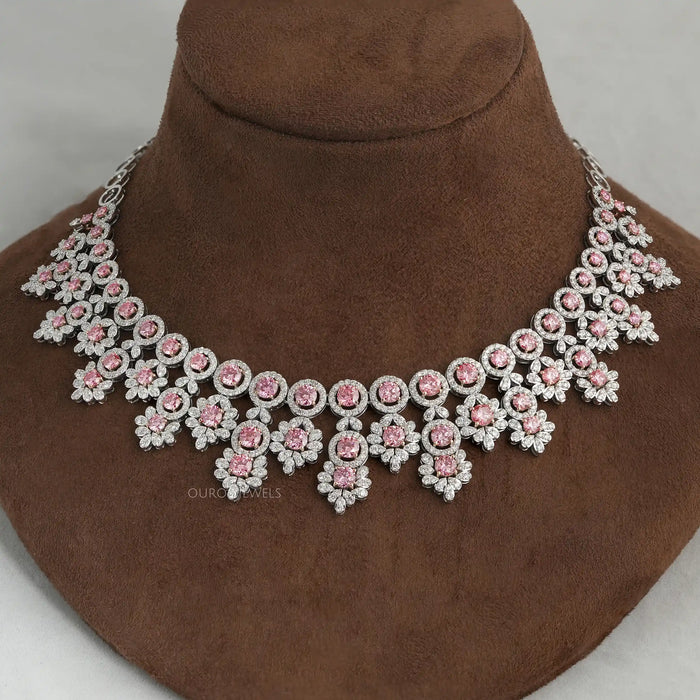 round diamond bridal necklace set in pink colored diamond 