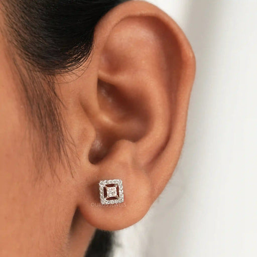 [A Women wearing Princess Cut Diamond Earrings]-[Ouros Jewels]