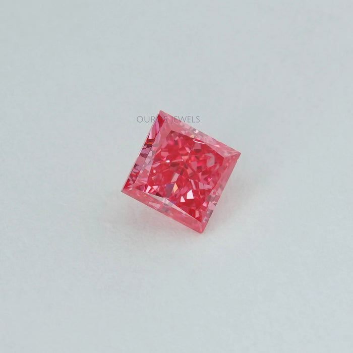side view of pink princess cut lab created diamond loose