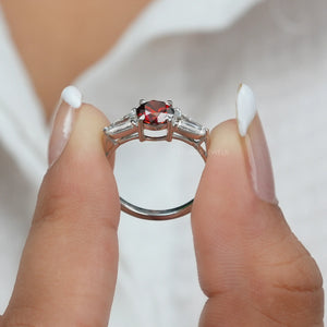 Three stone lab diamond engagement ring made with red round and bullet cut diamonds