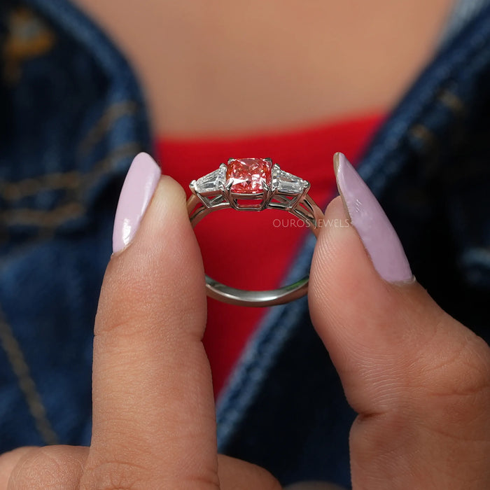 Front Side View Of Pink Lab Diamond Three Stone Engagement Ring