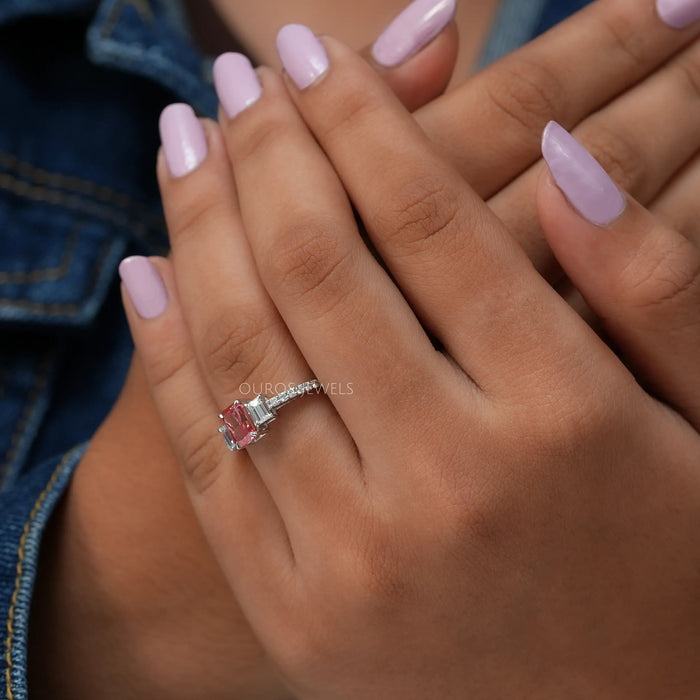 In Finger View Of Three Stone Lab Grown Diamond Ring In White Gold
