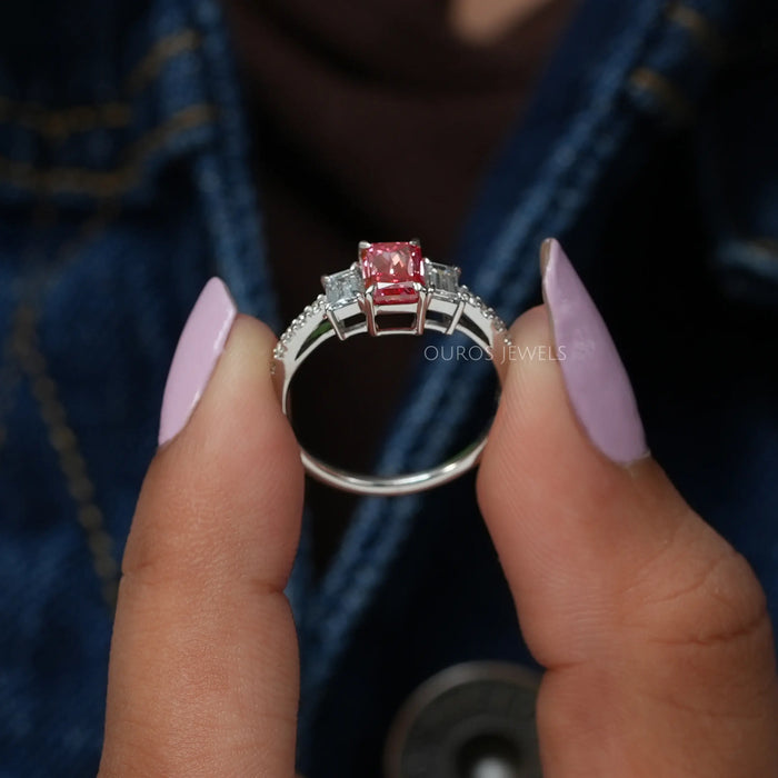 Three-Stone Pink Radiant Lab Diamond Engagement Ring In Solid Gold  