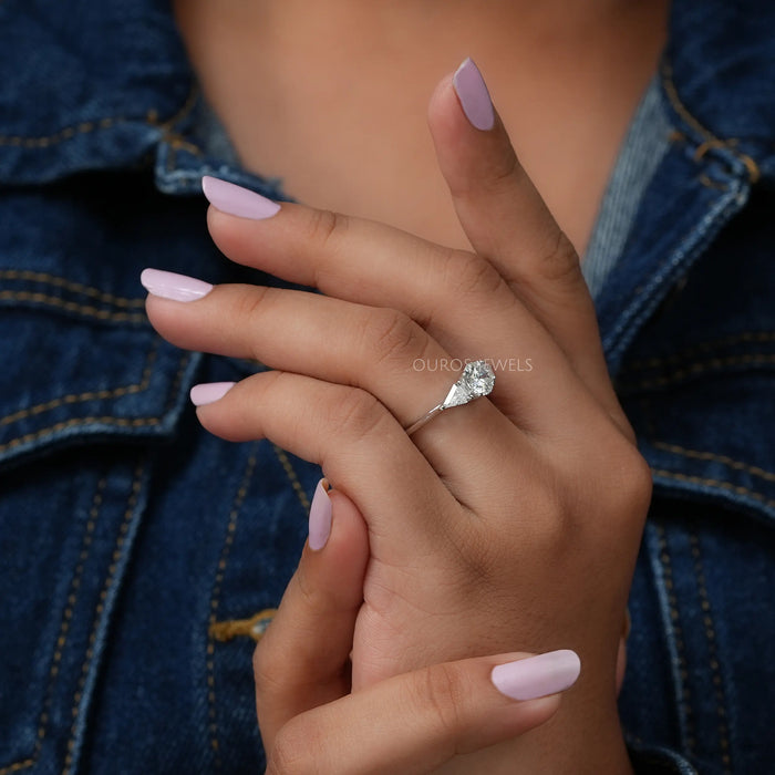 In Finger Side View Of 3 Stone Round Diamond Engagement Ring