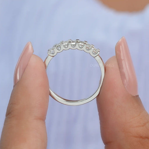 U prong diamond wedding band with emerald cut lab diamonds