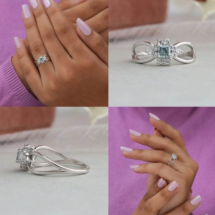 Collage of vintage cluster diamond ring with bluish green asscher cut diamond. 