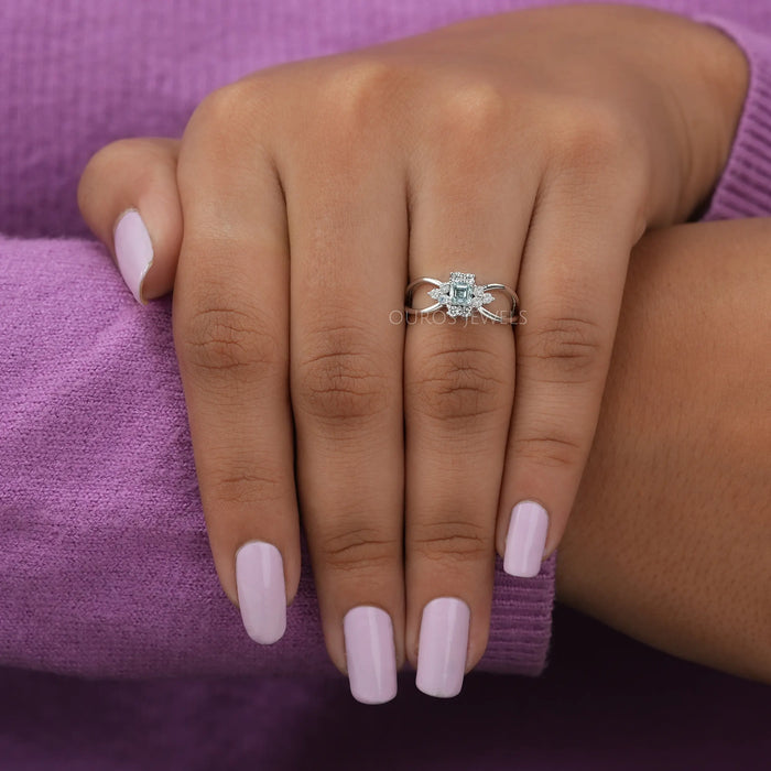 In finger front ring view, asscher cut cluster diamond ring crafted with 14k white gold, includes vintage, wedding, engagement ring.
