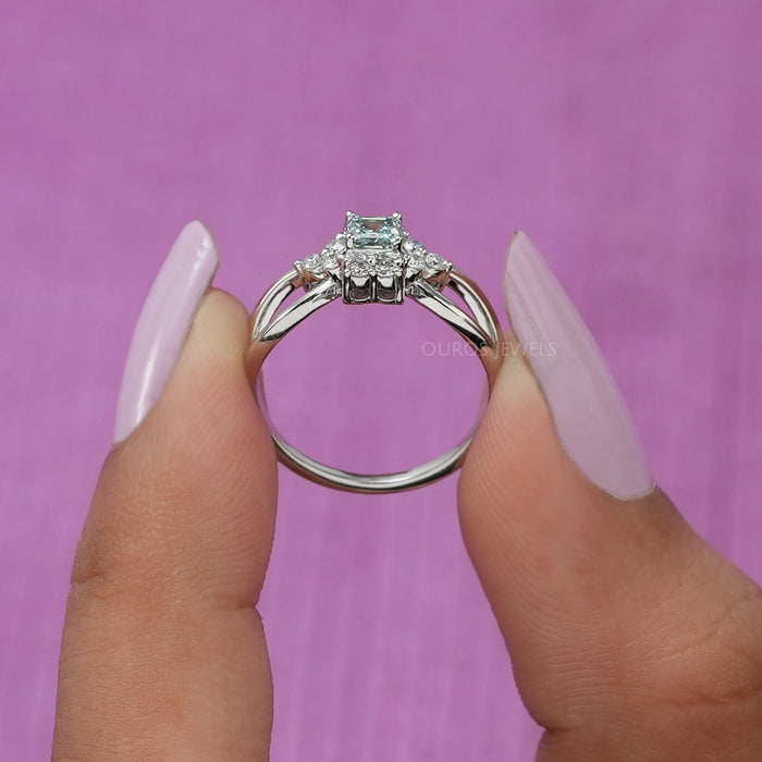 Two finger front ring look, asscher cut cluster diamond ring in 14k white gold.
