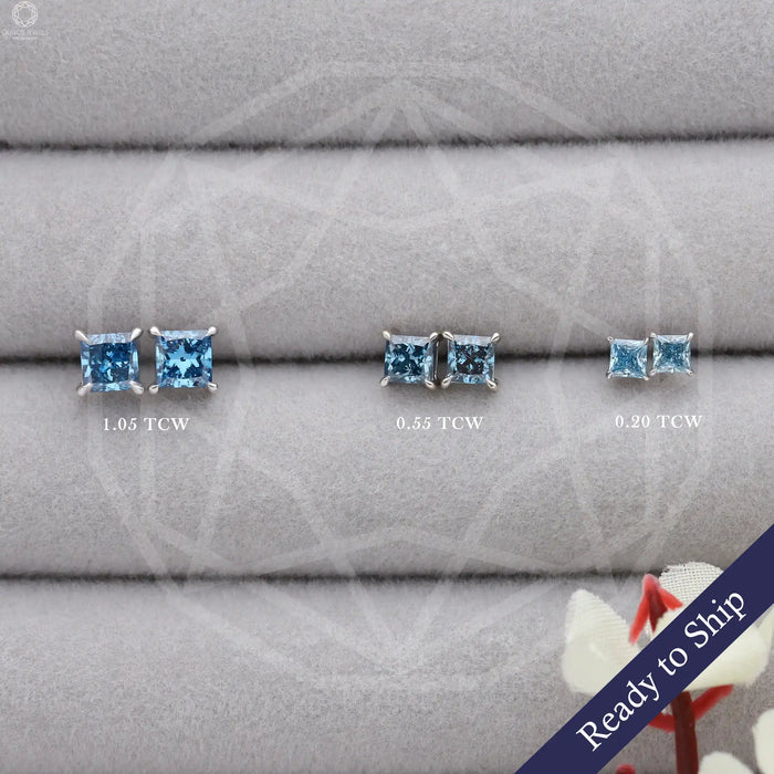 Blaue Ohrstecker mit Schraubverschluss im Princess-Stil und Diamanten