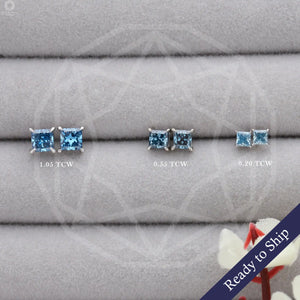 Blaue Ohrstecker mit Schraubverschluss im Princess-Stil und Diamanten