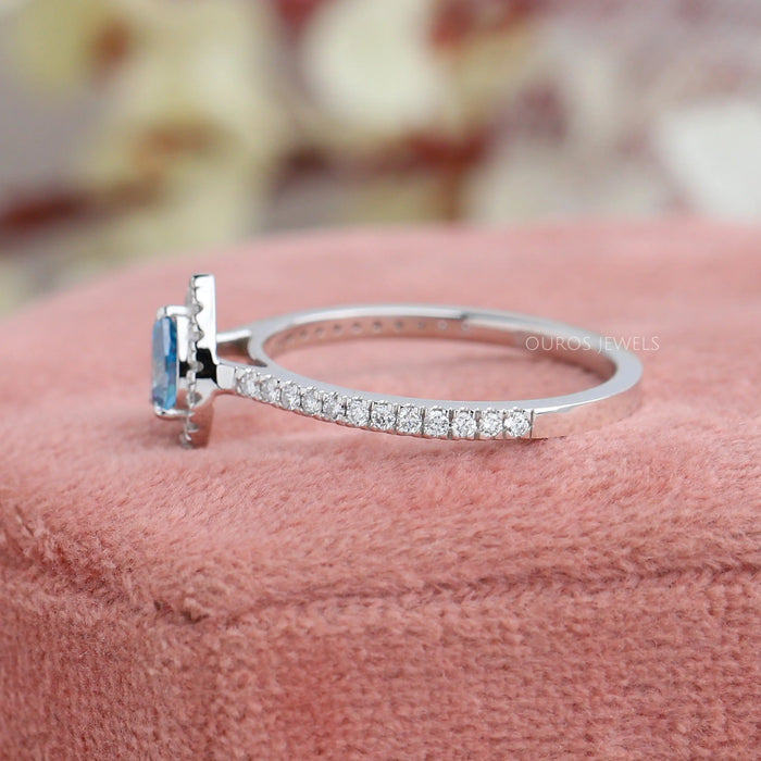 [Blue Diamond Engagement Ring with Sparkling White Gold Halo Setting and Accent Diamonds]-[Ouros Jewels]