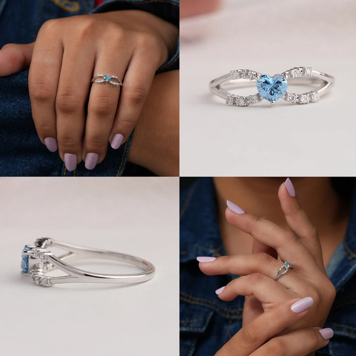 Made with finest quality 14k white gold this dainty features a blue heart diamond with VS clarity and an accented split shank