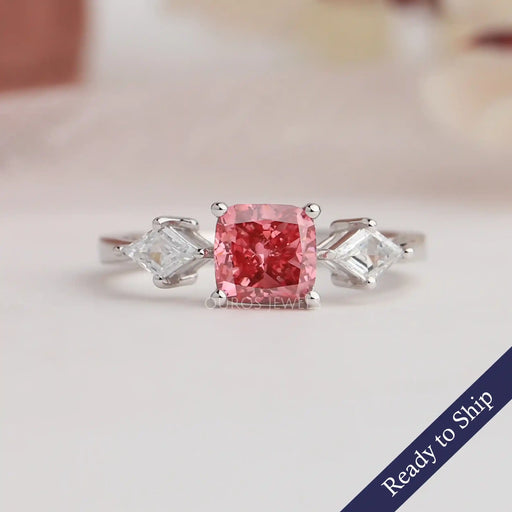 Pink Cushion Cut Lab Grown Diamond Three-Stone Engagement Ring In 14k White Gold 