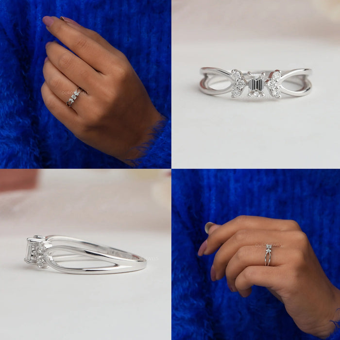 Collage of emerald cut cluster diamond ring, showing front, side & in finger view.