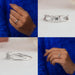 Collage of emerald cut cluster diamond ring, showing front, side & in finger view.