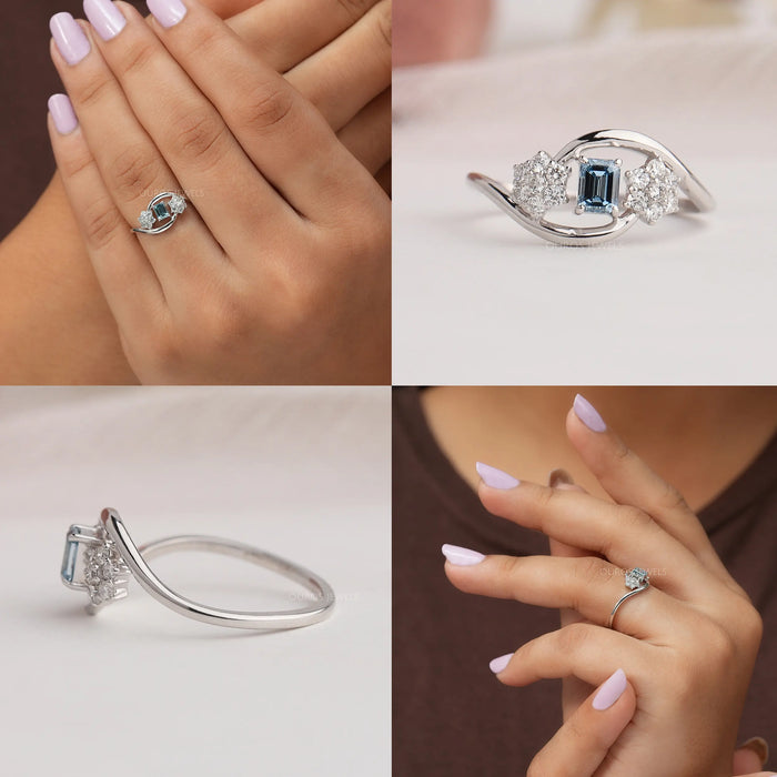 [Collage of Blue Emerald Cut Lab Diamond Ring]-[Ouros Jewels]