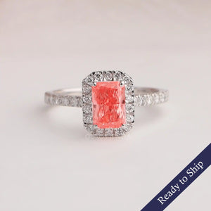 [1 Carat Pink Radiant Cut Diamond Halo Engagement Ring]-[Ouros Jewels]