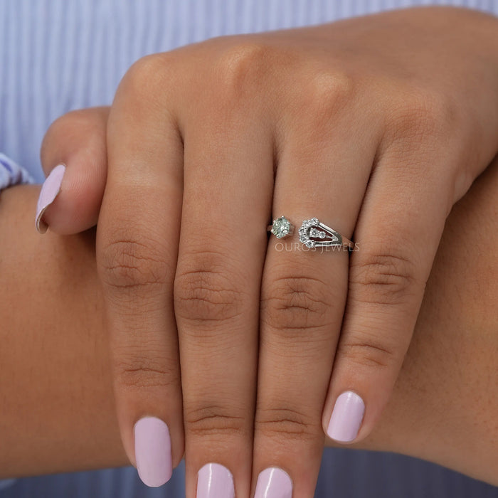 In finger look of round brilliant lab created diamond open cuff engagement ring